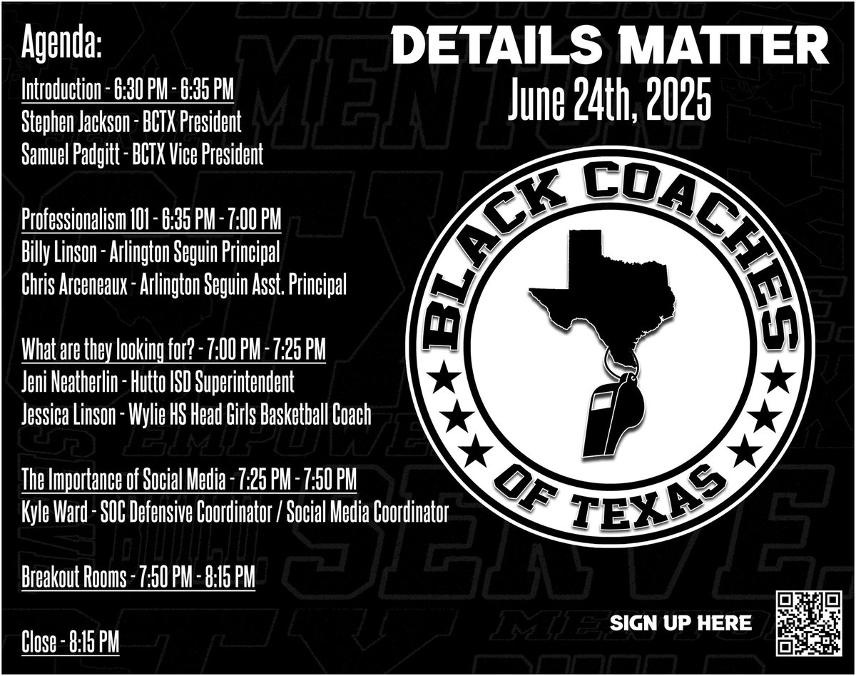Black Coaches of Texas (@blackcoachestx) on Twitter photo 💻 We are just 1️⃣ day away! Meeting links will be sent out in the morning, don’t miss this opportunity to get better! 💻
S/O to our guest speakers for pouring into coaches! <a href="/JeniNeatherlin/">Jeni Neatherlin</a> <a href="/blin_jr/">Billy Linson Jr</a> <a href="/CoachWarden/">Kyle Ward</a> <a href="/CoachJLinson/">Jessica Linson</a> <a href="/SamuelPadgitt/">Coach Samuel Padgitt</a>
#BCTX🫱🏾🫲🏿 | #BuildServeMentorEmpower 💻 We are just 1️⃣ day away! Meeting links will be sent out in the morning, don’t miss this opportunity to get better! 💻
S/O to our guest speakers for pouring into coaches! <a href="/JeniNeatherlin/">Jeni Neatherlin</a> <a href="/blin_jr/">Billy Linson Jr</a> <a href="/CoachWarden/">Kyle Ward</a> <a href="/CoachJLinson/">Jessica Linson</a> <a href="/SamuelPadgitt/">Coach Samuel Padgitt</a>
#BCTX🫱🏾🫲🏿 | #BuildServeMentorEmpower