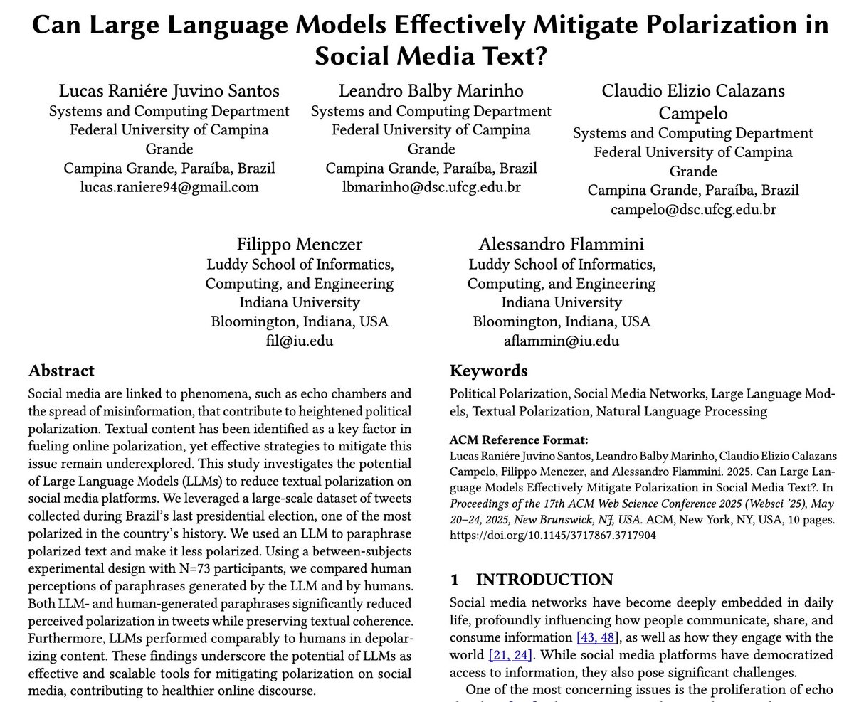 Ross_Dahlke's tweet image. LLMs can effectively depolarize social media content while maintaining textual coherence, finds Santos et al., using a between-subjects experiment doi.org/10.1145/371786…