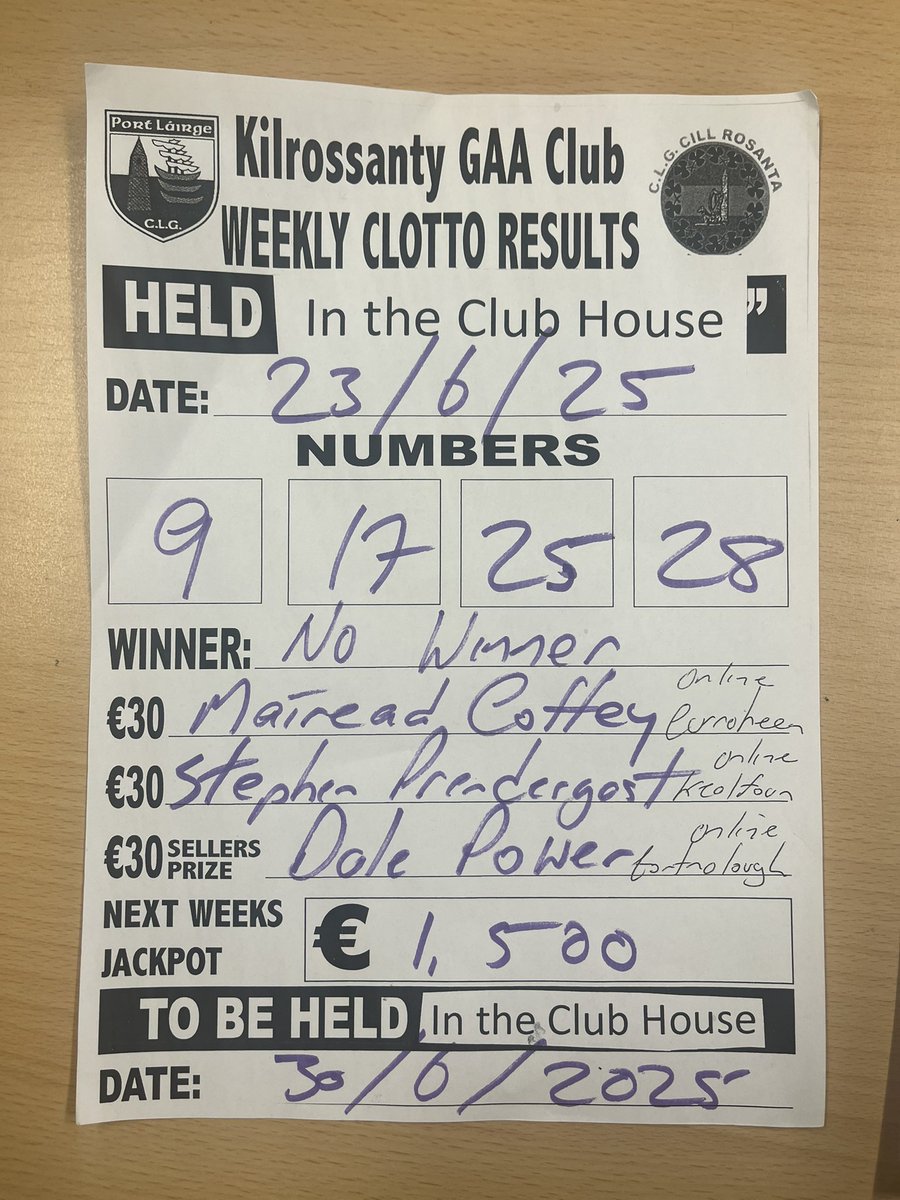 Lotto results sponsored by Kill Agri Kilrossanty.