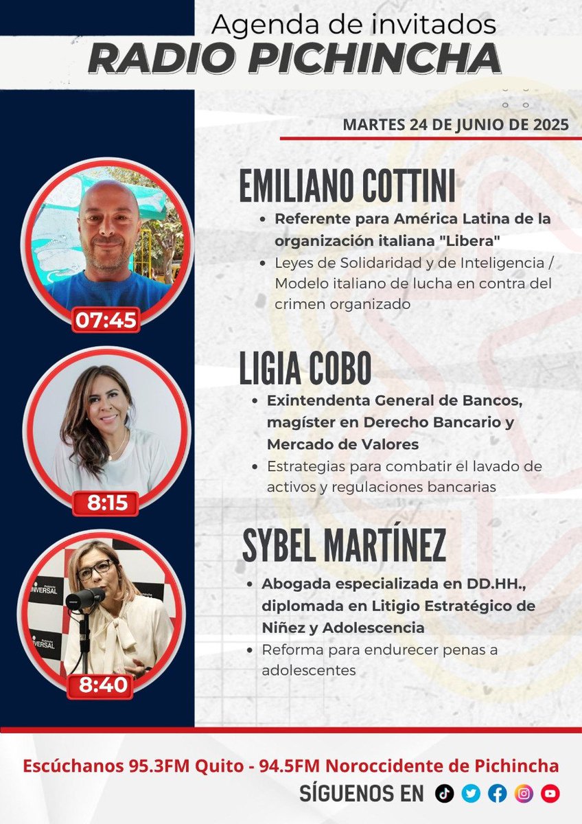 📌 #Agéndalo || Este martes 24 de junio sigue las entrevistas de 🎙#PuntoNoticias primera emisión:
🗣 07h45: Emiliano Cottini
🗣 08h15: <a href="/ligiacobo/">Ligia Cobo Ortiz</a> 
🗣 08h40: <a href="/sybelmartinez/">Sybel Martinez</a> 
Por la 📻 95.3FM - 94.5 FM al noroccidente de Pichincha y 📲💻 transmisión en vivo por redes sociales.