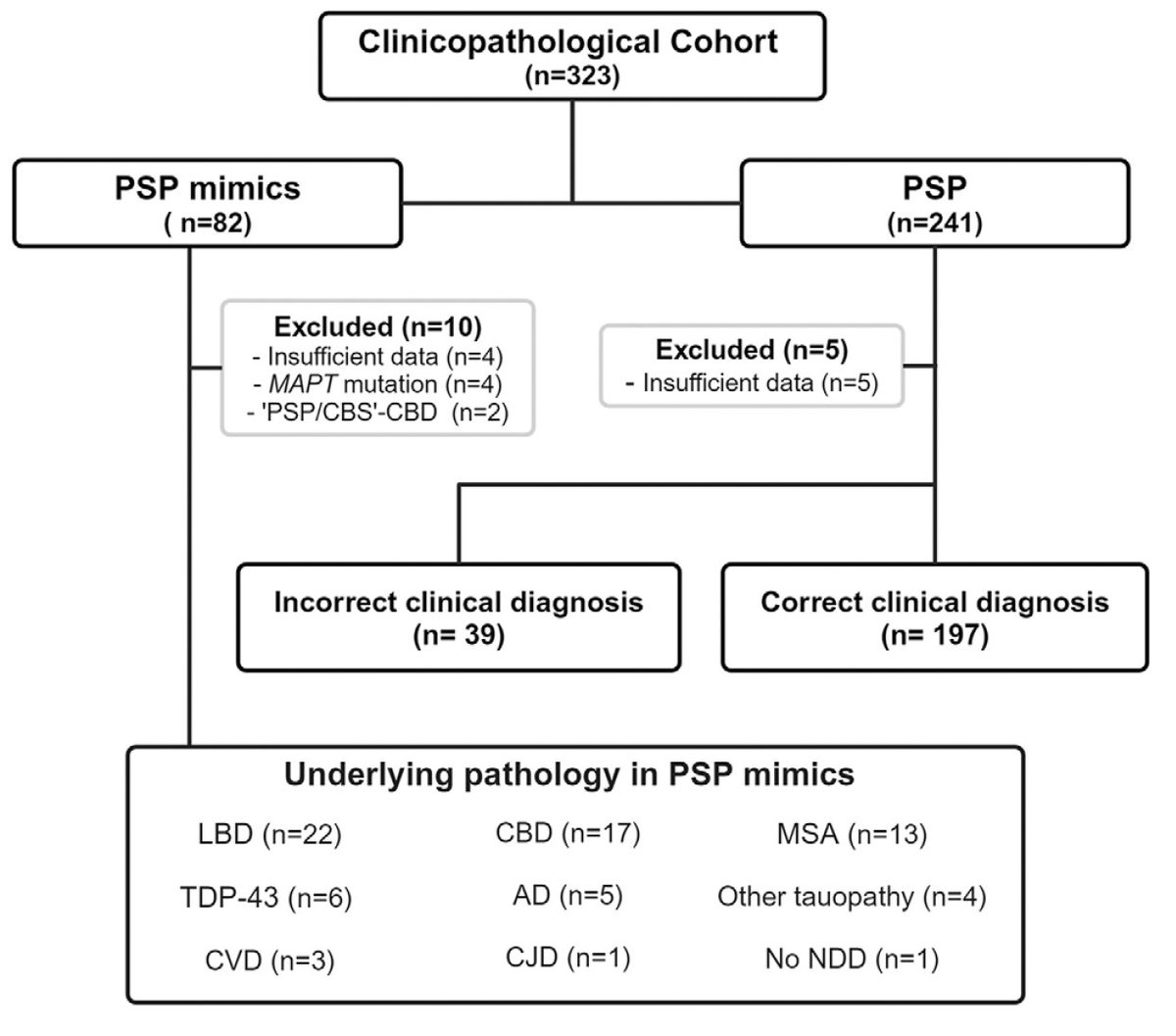 MDJ_Journal's tweet photo. Wrigley et al. report clinicopathologic insights into PSP and its 
mimics: 83.5% (197/241) of autopsy-confirmed PSP cases had the correct clinical diagnosis. Most common mimics? Lewy body diseases, CBD, and MSA. https://t.co/vmPn6hLoOP https://t.co/R2Pds79zo1