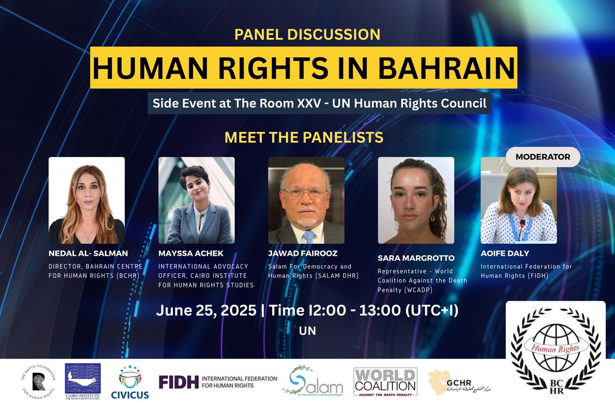 Join us in the side event this wedensday, 25 June, in Geneva  #hrc59 about human rights in #Bahrain