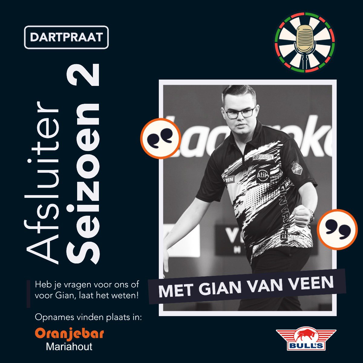 Dartpraat (@dartpraat) on Twitter photo ๐ช๐ฒ ๐ฎ๐ฟ๐ฒ ๐ฏ๐ฎ๐ฐ๐ธ! ๐จ
Komende donderdag gaan we ein-de-lijk weer een nieuwe aflevering Dartpraat opnemen.
๐  vanuit de Oranjebar
๐๏ธ met <a href="/GVV180/">Gian van Veen</a> 
Een seizoensafsluiter, maar een aflevering met leuke nieuwtjes over seizoen 3 van Dartpraat ๐๏ธ ๐ช๐ฒ ๐ฎ๐ฟ๐ฒ ๐ฏ๐ฎ๐ฐ๐ธ! ๐จ
Komende donderdag gaan we ein-de-lijk weer een nieuwe aflevering Dartpraat opnemen.
๐  vanuit de Oranjebar
๐๏ธ met <a href="/GVV180/">Gian van Veen</a> 
Een seizoensafsluiter, maar een aflevering met leuke nieuwtjes over seizoen 3 van Dartpraat ๐๏ธ