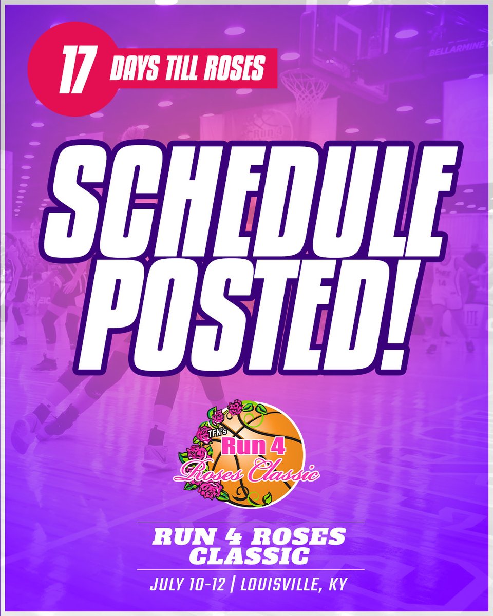 📅 JULY 10-12, RUN 4 ROSES CLASSIC: SCHEDULE IS LIVE.
⏳ 17 DAYS TILL ROSES.
The matchups are set.
The stage is built.

View Schedule:
basketball.exposureevents.com/233556/run-4-t…

#Run4Roses #ScheduleDrop #17DaysTillRoses #1600Strong #GrassrootsGOAT #GameTime #WomensHoops