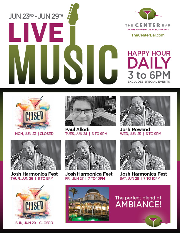 Join us Tuesday through Saturday for great drinks, great company, and a fresh lineup each night.

Come early, stay late, and enjoy the Florida evening the way it was meant to be—outside, relaxed, and surrounded by good music.