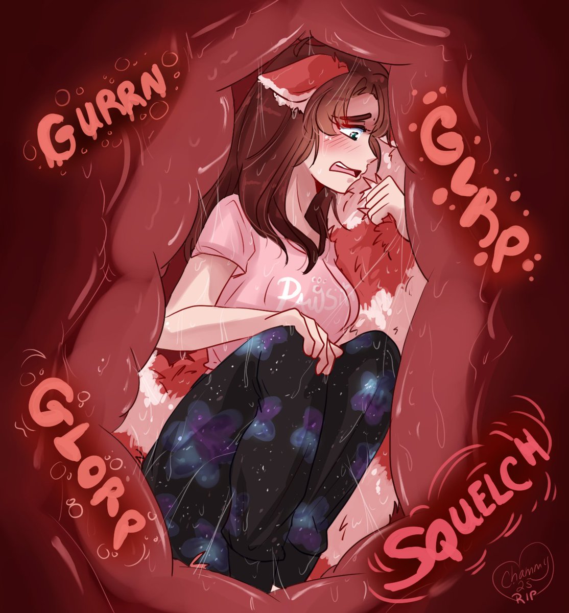 Oh no, I've been champromised... Wanted to try a new outfit, but didn't get to admire it for long! 💦 [ Image is entirely pred-insert if you like, but only males, please! ] #vore #postvore #femaleprey #malepredvore #voreinternal #noisybelly