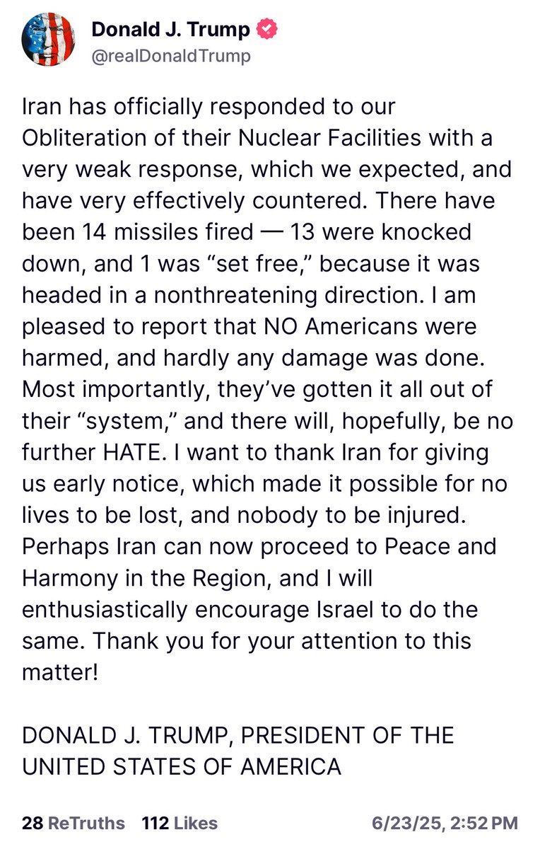 BobbyFreemanUS's tweet image. Iran has officially responded to our Obliteration of their Nuclear Facilities with a very weak response, which we expected, and have very effectively countered.
There have been 14 missiles fired — 13 were knocked down, and 1 was "set free," because it was headed in a…
