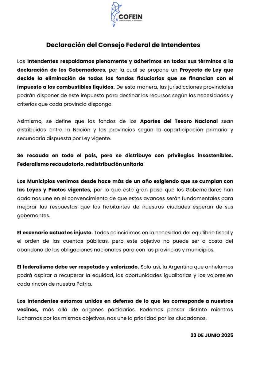 A partir de la decisión del <a href="/CFI_Argentina/">CFI</a> de fortalecer el rol de las provincias en la asignación de recursos y avanzar hacia un federalismo más justo, desde el Consejo Federal de Intendentes (COFEIN) emitimos una declaración de apoyo a nuestros gobernadores.

Como intendenta de