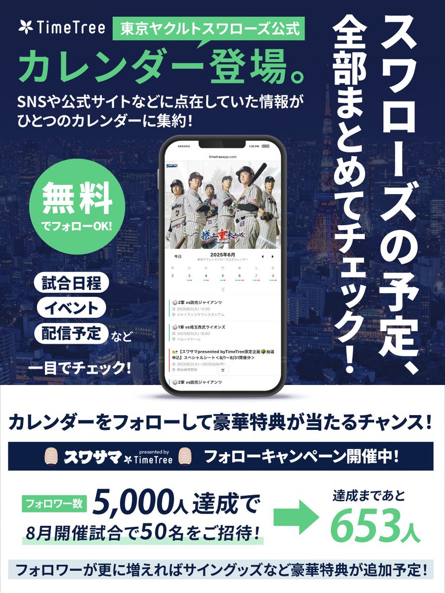 swallowspr's tweet photo. 🏮スワサマ×TimeTree🏮

スワローズ公式カレンダー📅
フォロワー数が増える毎に特典はグレードアップ⤴
まずは目指せ5,000人‼
フォローして最新のスワローズ情報をチェックしよう✌

詳細はこちら▼
https://t.co/75RKw5qSLH

#スワサマ #swallows #捲土重来 https://t.co/CzssGsuZVk