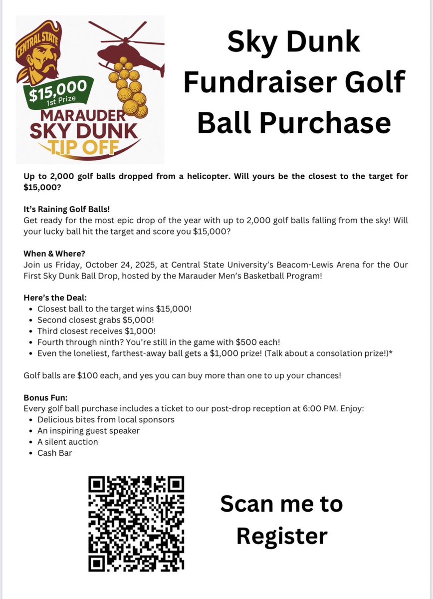 csu_mensbball's tweet photo. Looking for an opportunity to be a member of a Team? Be a member of the TEAM that supports the TEAM! Central State Men’s Basketball needs you! You can start by taking part in the first annual Sky Dunk Fundraiser. Scan the QR code for more details and to register. https://t.co/BiD69yaj6k