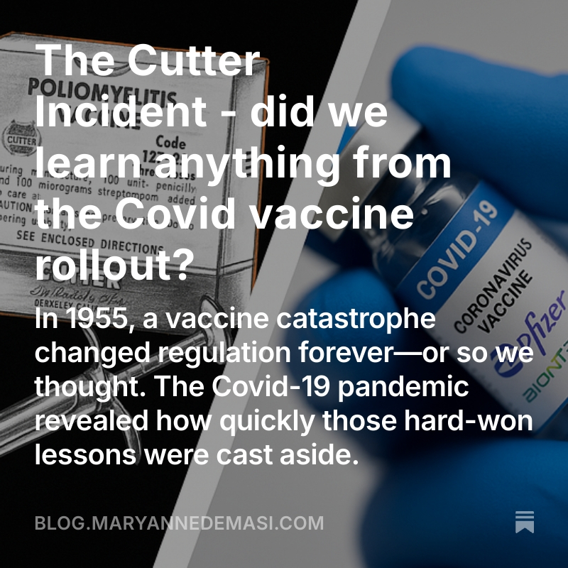The Cutter Incident reshaped regulation because the harm was immediate, visible &amp; impossible to ignore.
This time, we don’t need to wait for more victims of the Covid-19 vaccine to prove something went horribly wrong—we just need to admit it. 👇👇
blog.maryannedemasi.com/p/the-cutter-i…