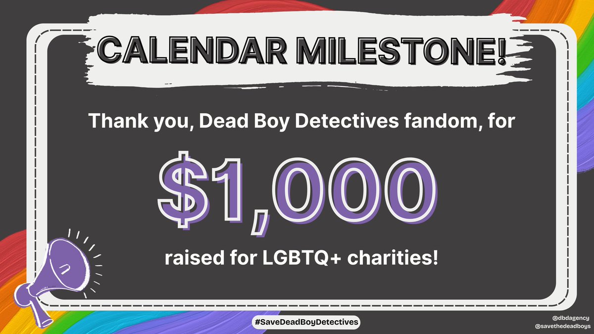 dbdagency's tweet photo. We've already reached our second goal of $1,000 raised for LGBTQ+ charities through our calendar project! Our next goal is $1,500; thank you to everyone who has donated so far! 🌈 💜 

#SaveDeadBoyDetectives
#DeadBoyDetectives https://t.co/NtVcKlFWR8