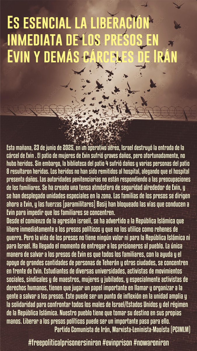 ComRevCo's tweet image. Es esencial la liberación inmediata de los presos en Evin y demás cárceles de todo el país. cpimlm.org - Repost de @somayeh_kargar22, ex presa política en Irán, ahora en el exilio