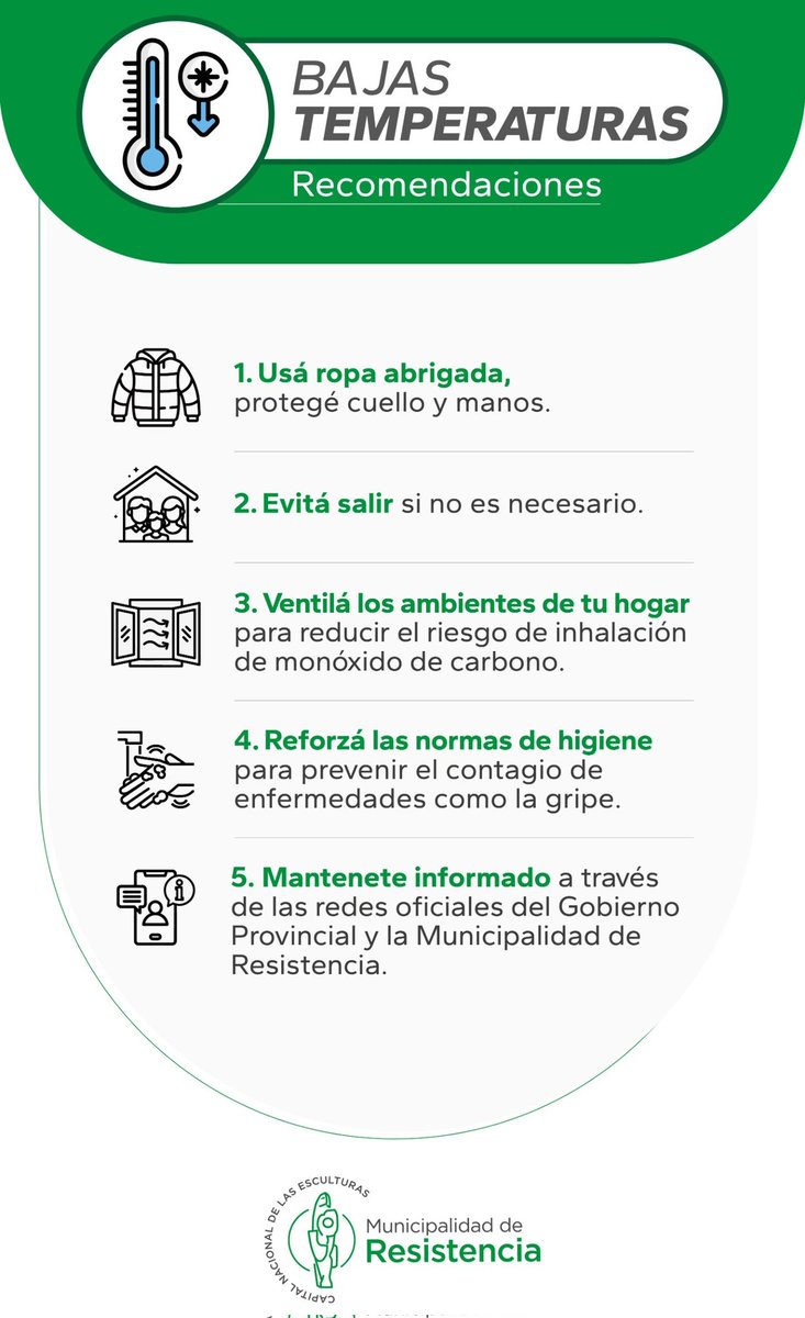 #OlaPolar llegando a Resistencia y desde el <a href="/GobiernoChaco/">Gobierno del Chaco</a> y la <a href="/MuniResistencia/">Municipalidad de Resistencia</a> brindamos estás recomendaciones para estar prevenidos❄️☃️ <a href="/LeandroZdero/">Leandro Zdero</a> <a href="/roy_a_nikisch/">Roy Nikisch</a> <a href="/SomosUnoCH/">Somos Uno</a> <a href="/chaco_met/">INFOMET CHACO</a>