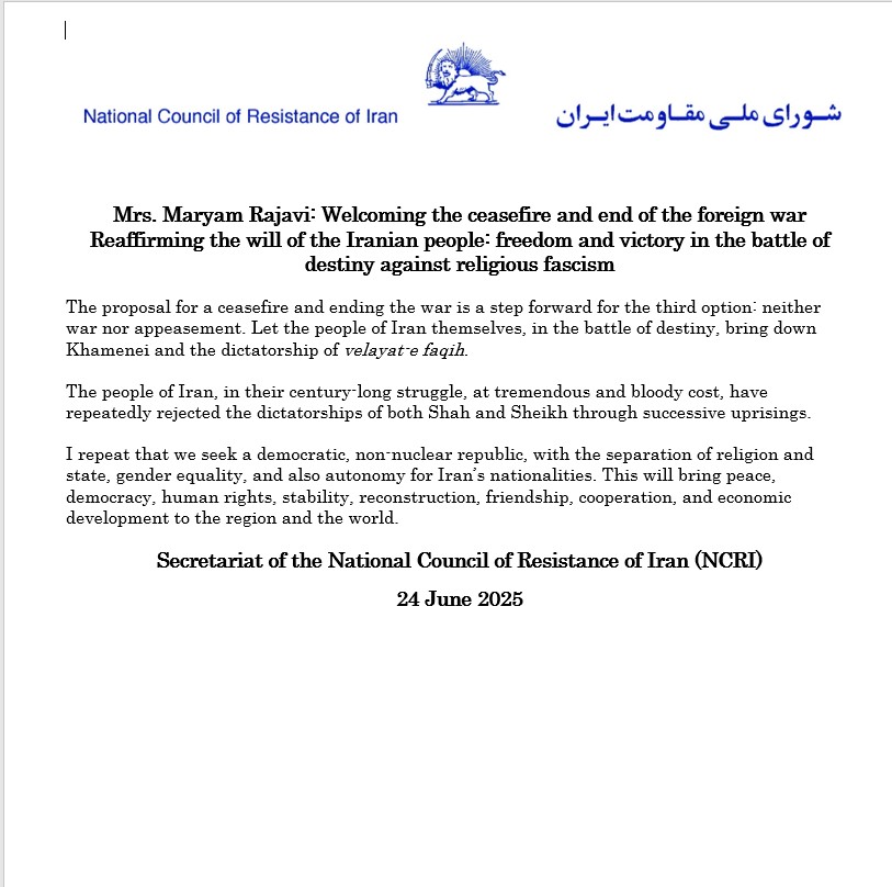 🚨#Breaking: <a href="/Maryam_Rajavi/">Maryam Rajavi</a>: "Welcoming the ceasefire and end of the foreign war
Reaffirming the will of the Iranian people: freedom &amp; victory in the battle of destiny against religious fascism." 
<a href="/MarioNawfal/">Mario Nawfal</a> <a href="/statedeptspox/">Tammy Bruce</a> <a href="/SecRubio/">Secretary Marco Rubio</a>
