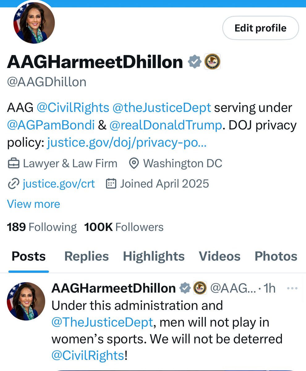 AAGHarmeetDhillon (@aagdhillon) on Twitter photo Thank you so much to all the followers helping me hit my first 100,000 on this official account. Please like, share and follow for the latest news on <a href="/CivilRights/">DOJ Civil Rights Division</a> and sometimes what my colleagues in <a href="/TheJusticeDept/">U.S. Department of Justice</a> are up to as well! Thank you so much to all the followers helping me hit my first 100,000 on this official account. Please like, share and follow for the latest news on <a href="/CivilRights/">DOJ Civil Rights Division</a> and sometimes what my colleagues in <a href="/TheJusticeDept/">U.S. Department of Justice</a> are up to as well!