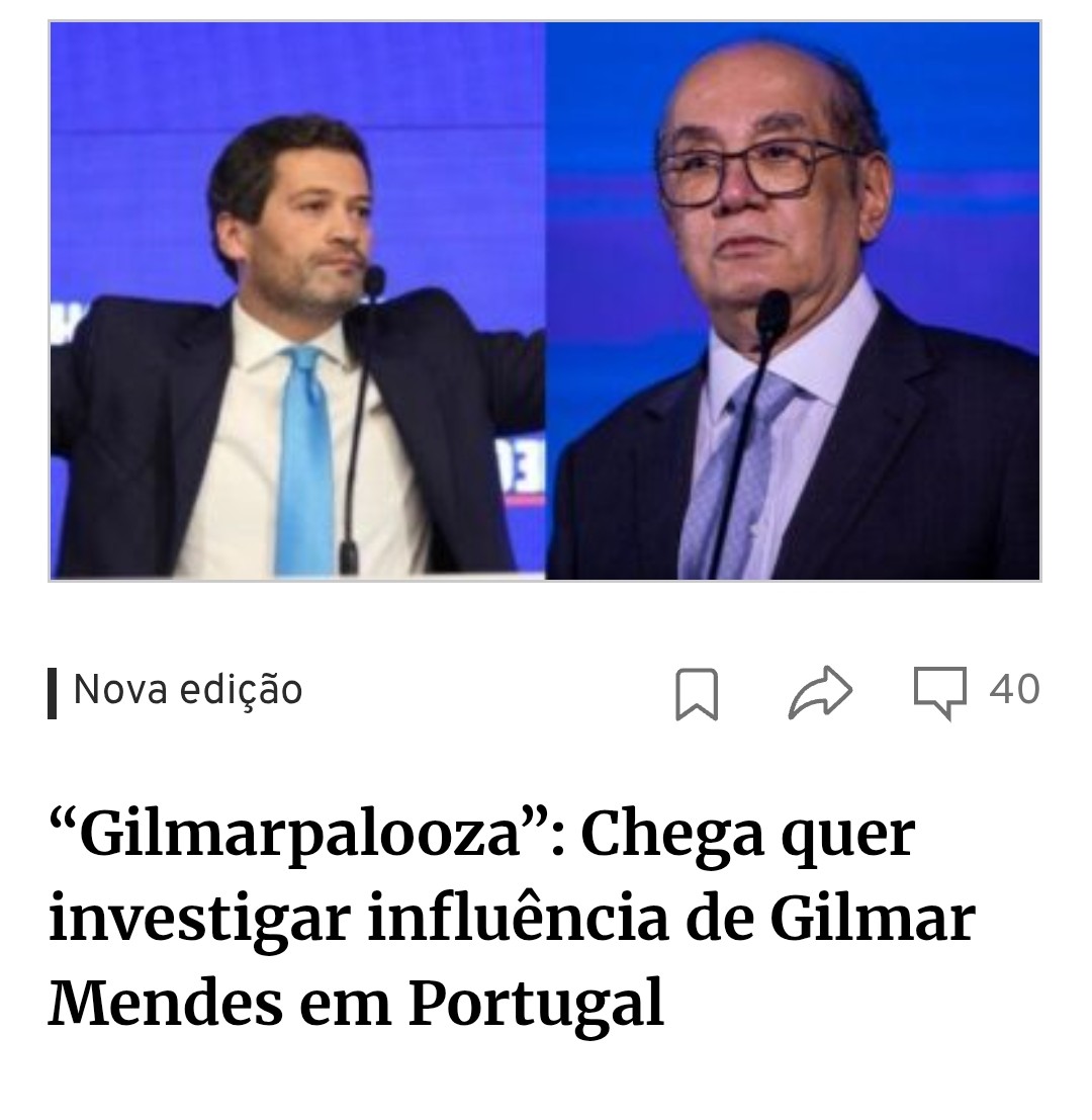 Enock Formiga 🐜 🇧🇷 (@enockformiga) on Twitter photo O partido português Chega, de direita populista e nacionalista, anunciou nesta semana que fará uma investigação própria sobre o ministro do Supremo Tribunal Federal (STF) do Brasil, Gilmar Mendes. O motivo, segundo o líder da legenda, André Ventura, seria o número elevado de O partido português Chega, de direita populista e nacionalista, anunciou nesta semana que fará uma investigação própria sobre o ministro do Supremo Tribunal Federal (STF) do Brasil, Gilmar Mendes. O motivo, segundo o líder da legenda, André Ventura, seria o número elevado de