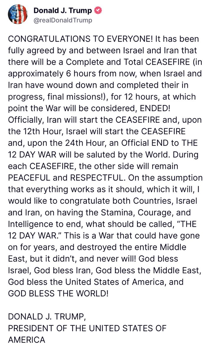 🇺🇸 R E S P E C T 🇺🇸
President Trump accomplished what he focused on:
Ceasefire between Israel and Iran
God bless President Trump and the USA 🇺🇸🦅🇺🇸