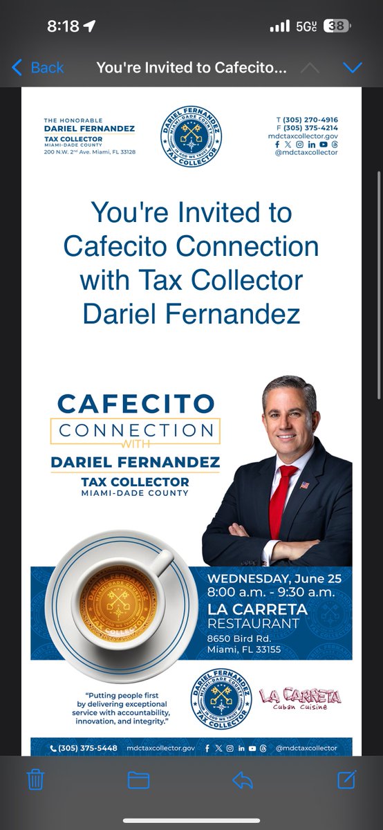 When was the last time your County Tax Collector invited you cafecito? 

Is it a genuine cafecito or a trap? 

Not sure why I’m feeling forced to go🫣😂
