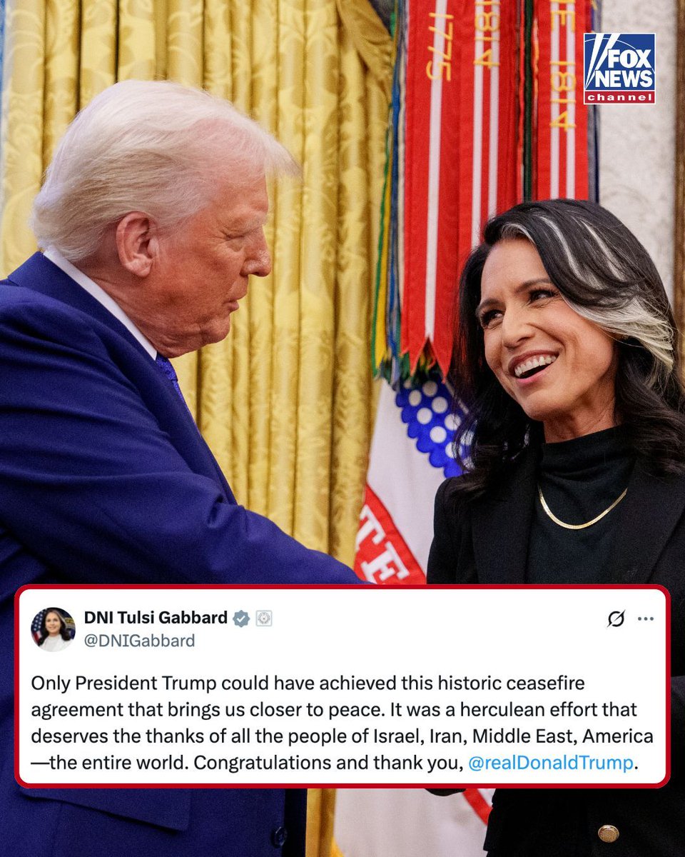 FoxNews's tweet photo. .@DNIGabbard praises President @realdonaldtrump's "herculean effort" after he announces a ceasefire between Iran and Israel. https://t.co/dSMKkFiTso
