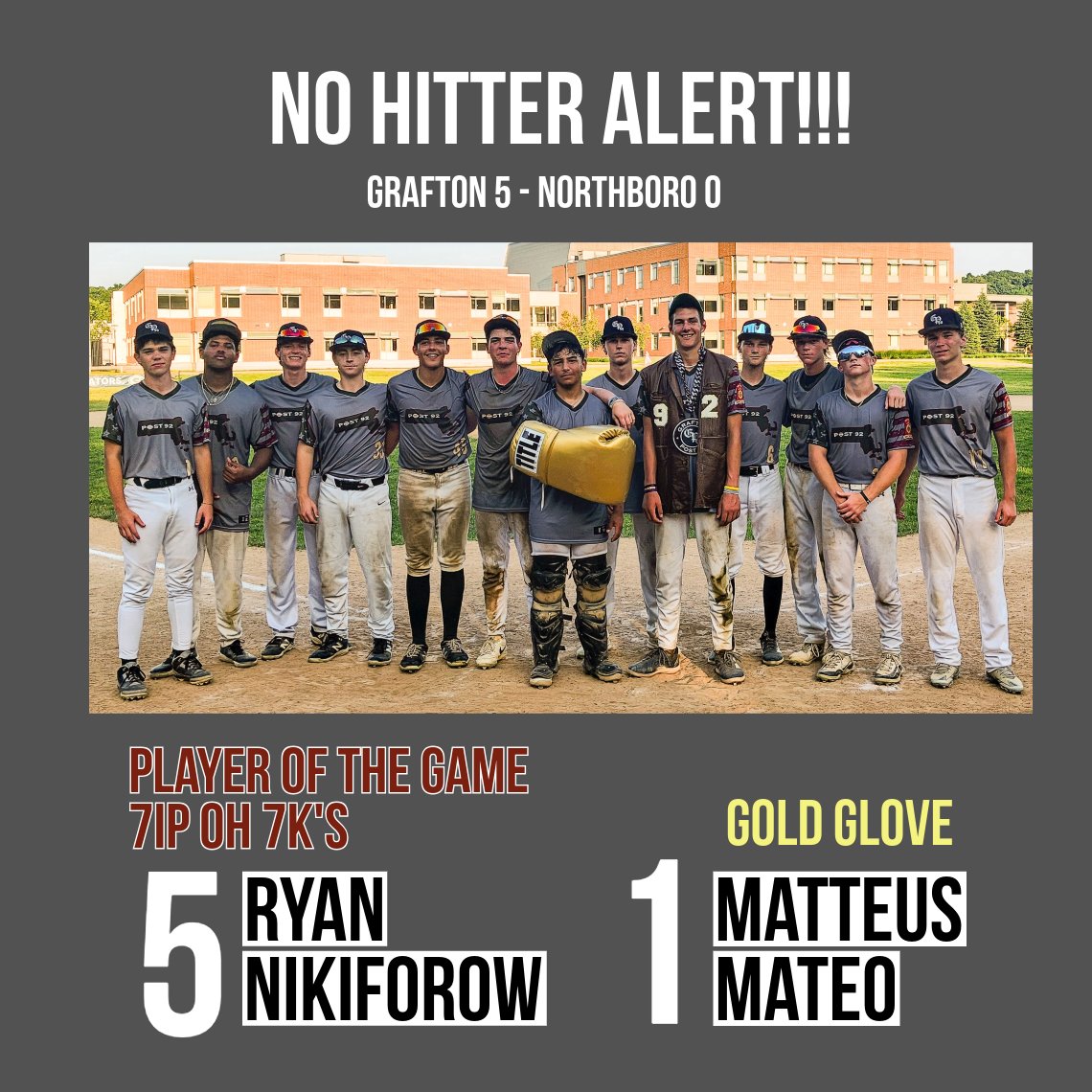 Another win for Post 92 tonight behind a no-hitter by Ryan Nikiforow! 
Player of the game: Ryan Nikiforow
Defensive player of the game: Matteus Mateo