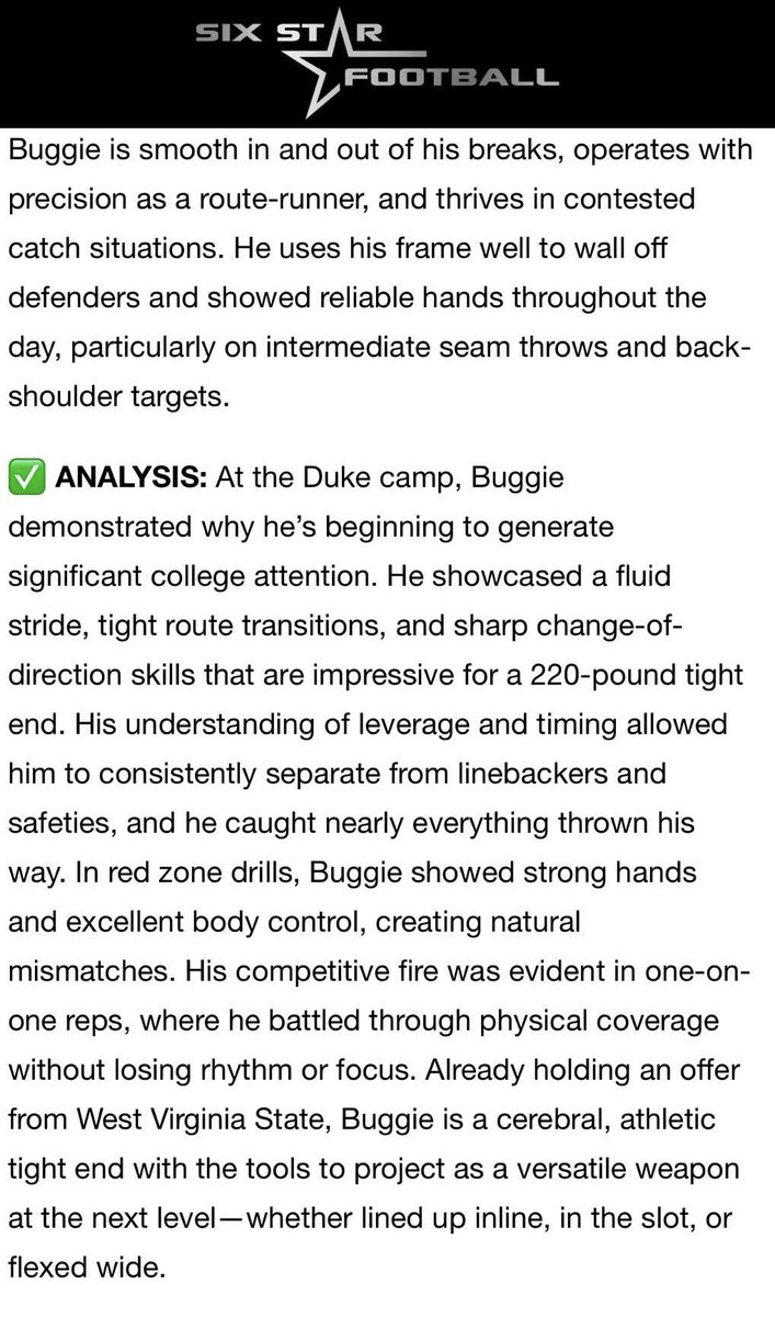 nick buggie (@nickbuggie26) on Twitter photo Thank you <a href="/sixstarfootball/">Six Star Football | PLUS+</a> for the recognition at <a href="/DukeFOOTBALL/">Duke Football</a>. "One of the best in the Carolinas" 📌
<a href="/CoachG_LBHS/">Anthony Galavotti</a> <a href="/BengalSmith46/">Jamel Smith</a> <a href="/TyJohnson2727/">Ty Johnson</a> <a href="/Coach_JWatts/">Justin Watts</a> <a href="/TheUCReport/">Billy Tucker</a> <a href="/ChadSimmons_/">ChadSimmons</a> <a href="/coach_hatLB/">Luke Hatfield</a> <a href="/Coach_Hill71/">Jalen Hill</a> Thank you <a href="/sixstarfootball/">Six Star Football | PLUS+</a> for the recognition at <a href="/DukeFOOTBALL/">Duke Football</a>. "One of the best in the Carolinas" 📌
<a href="/CoachG_LBHS/">Anthony Galavotti</a> <a href="/BengalSmith46/">Jamel Smith</a> <a href="/TyJohnson2727/">Ty Johnson</a> <a href="/Coach_JWatts/">Justin Watts</a> <a href="/TheUCReport/">Billy Tucker</a> <a href="/ChadSimmons_/">ChadSimmons</a> <a href="/coach_hatLB/">Luke Hatfield</a> <a href="/Coach_Hill71/">Jalen Hill</a>