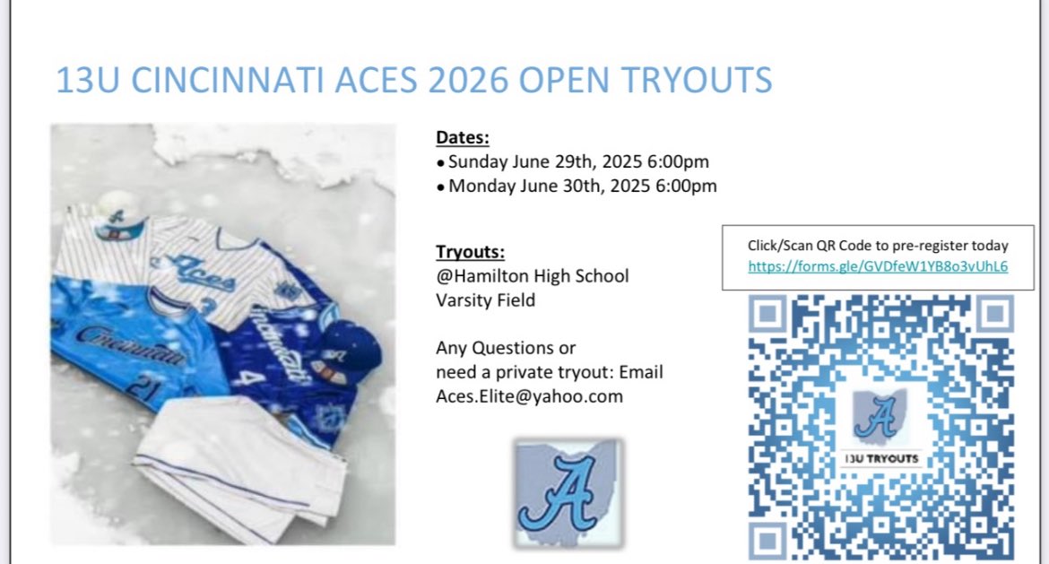 13U Cincy Ace’s tryouts are this Sunday and Monday! Anyone interested to play next summer ‘26 should come!!