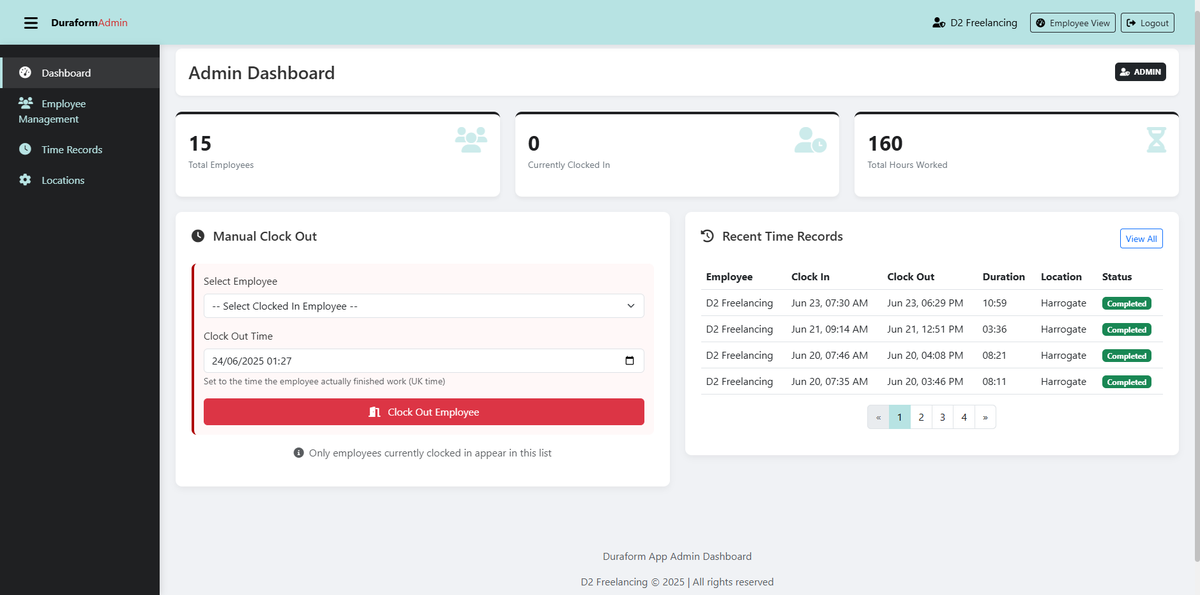 D2Freelancing's tweet photo. Employee Time Management project for Duraform under development, complete with Clock in/out and logging features, SQL Database, and Employee/Employer Dashboards.

Contact us: info@d2freelancing.co.uk

Visit our website: https://t.co/W7vcACSijY

Message us directly on X. https://t.co/qB8zgD7ksi
