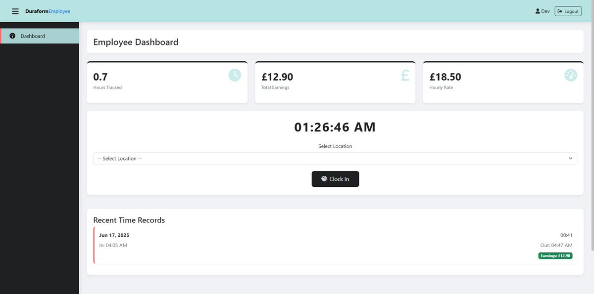 D2Freelancing's tweet photo. Employee Time Management project for Duraform under development, complete with Clock in/out and logging features, SQL Database, and Employee/Employer Dashboards.

Contact us: info@d2freelancing.co.uk

Visit our website: https://t.co/W7vcACSijY

Message us directly on X. https://t.co/qB8zgD7ksi