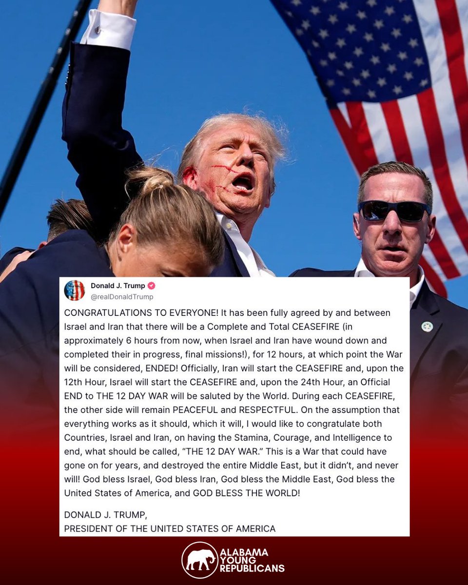 Alabama YRs (@yrfal) on Twitter photo πΊπΈ BREAKING: President Trump has declared a full and unconditional ceasefire between Israel and Iran after the 12 Day War.
Thank you, President Donald J. Trump, for your strong leadership and for fulfilling your promise: #PeaceThroughStrength <a href="/RapidResponse47/">Rapid Response 47</a> <a href="/realDonaldTrump/">Donald J. Trump</a> πΊπΈ BREAKING: President Trump has declared a full and unconditional ceasefire between Israel and Iran after the 12 Day War.
Thank you, President Donald J. Trump, for your strong leadership and for fulfilling your promise: #PeaceThroughStrength <a href="/RapidResponse47/">Rapid Response 47</a> <a href="/realDonaldTrump/">Donald J. Trump</a>