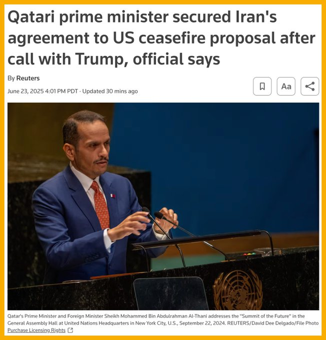 Reuters: 🇶🇦 Thủ tướng Qatar cho biết Iran đã đồng ý với đề xuất ngừng bắn của Hoa Kỳ.