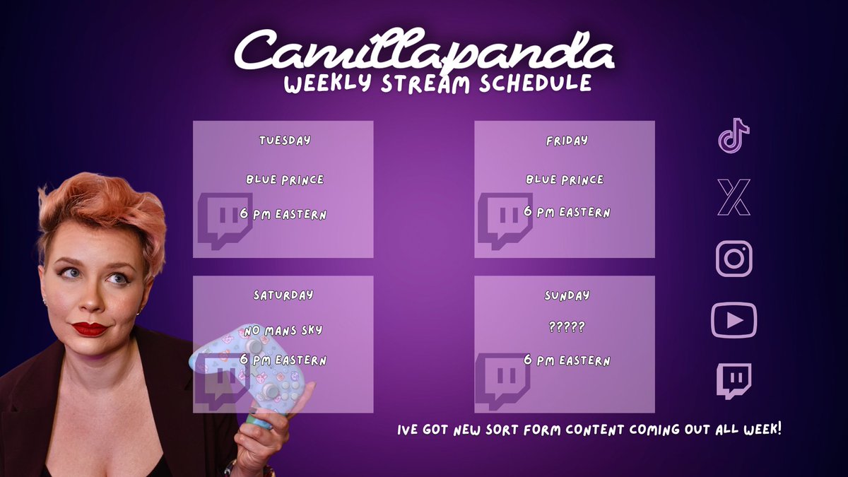 Back from the little break with a week full of ~streams~!

Tuesday &amp; Friday: Blue Prince
Saturday: No Man's Sky!
Sunday: idk, lets see!

PS: SURPRISE! I'll be headed to Iowa this week, so Friday's stream MIGHT be late.