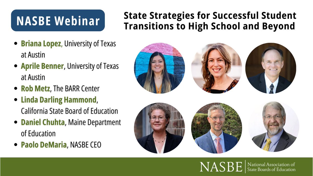 NASBE (@nasbe) on Twitter photo Why is 9th grade such a significant #schooltransition? Join Briana Lopez, Dr. Aprile Benner, Rob Metz of @BARRcenter, Linda Darling-Hammond of <a href="/CADeptEd/">CA Department of Education</a>, and Daniel Chuhta of <a href="/mdoenews/">ME Dept of Education</a> TODAY for a dive into supporting the leap to #highschool. Register: us02web.zoom.us/webinar/regist… Why is 9th grade such a significant #schooltransition? Join Briana Lopez, Dr. Aprile Benner, Rob Metz of @BARRcenter, Linda Darling-Hammond of <a href="/CADeptEd/">CA Department of Education</a>, and Daniel Chuhta of <a href="/mdoenews/">ME Dept of Education</a> TODAY for a dive into supporting the leap to #highschool. Register: us02web.zoom.us/webinar/regist…