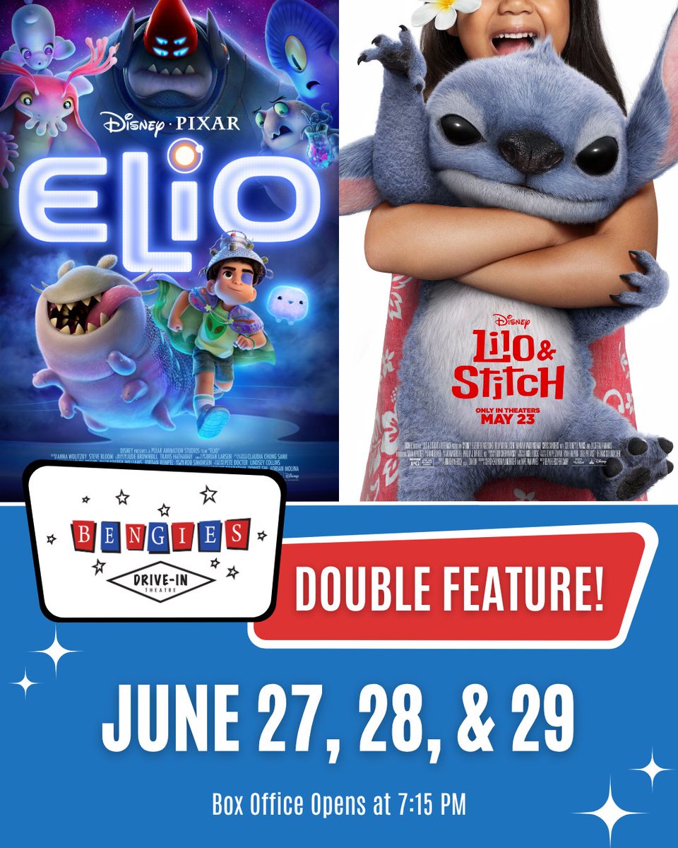 Bengies Drive-in (@bengies) on Twitter photo June 27, 28, & 29 – Friday, Saturday, & Sunday
Box Office Opens at 7:15 PM | Closes at 11:00 PM
8:45 PM -  “ELIO” PG
10:45 PM “LILO & STITCH” (2025) PG June 27, 28, & 29 – Friday, Saturday, & Sunday
Box Office Opens at 7:15 PM | Closes at 11:00 PM
8:45 PM -  “ELIO” PG
10:45 PM “LILO & STITCH” (2025) PG