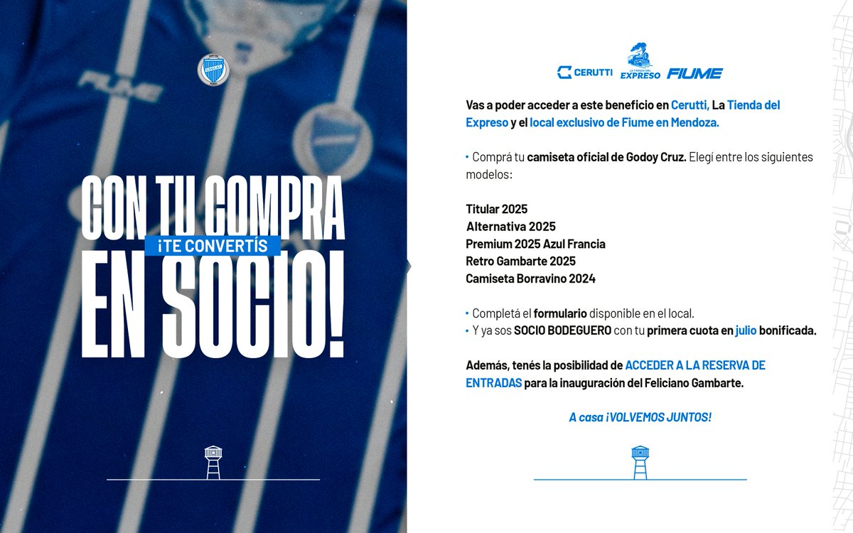 Club Godoy Cruz (@clubgodoycruz) on Twitter photo CON TU COMPRA, ¡TE CONVERTÍS EN SOCIO BODEGUERO! 🛍️🤝💙🤍💙
En Cerutti, La Tienda del Expreso y el local exclusivo de <a href="/FiumeSport/">Fiume Sport</a> en Mendoza vas a poder hacerte SOCIO BODEGUERO desde este martes 24 🙌🙌
¿Cómo? 🤔
👉 Comprá tu camiseta oficial de Godoy Cruz en los sitios CON TU COMPRA, ¡TE CONVERTÍS EN SOCIO BODEGUERO! 🛍️🤝💙🤍💙
En Cerutti, La Tienda del Expreso y el local exclusivo de <a href="/FiumeSport/">Fiume Sport</a> en Mendoza vas a poder hacerte SOCIO BODEGUERO desde este martes 24 🙌🙌
¿Cómo? 🤔
👉 Comprá tu camiseta oficial de Godoy Cruz en los sitios