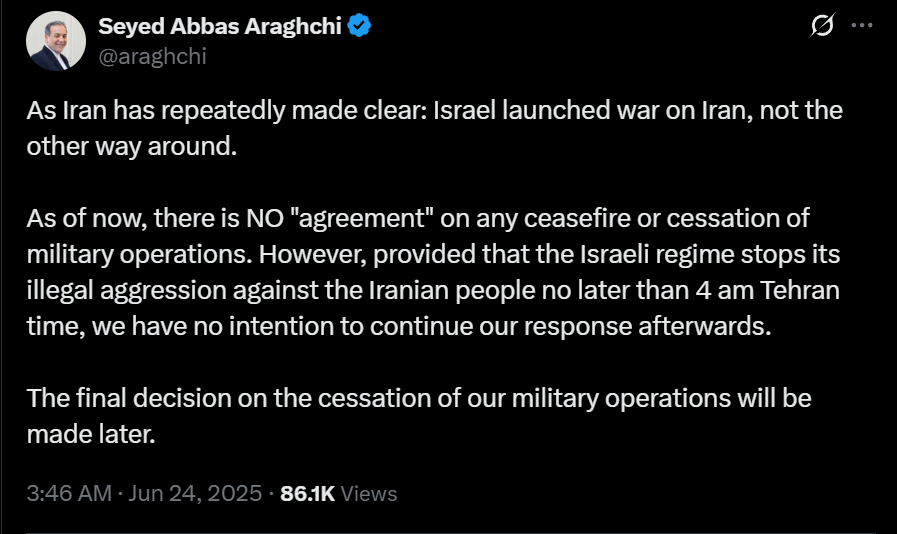 MostafaRages's tweet image. وزير الخارجية عراقجي :
لا اتفاق لوقف إطلاق النار ولكن إذا توقف الإسرائيلي عن الأعمال العدائية فليس لدينا نية لاستكمال الرد