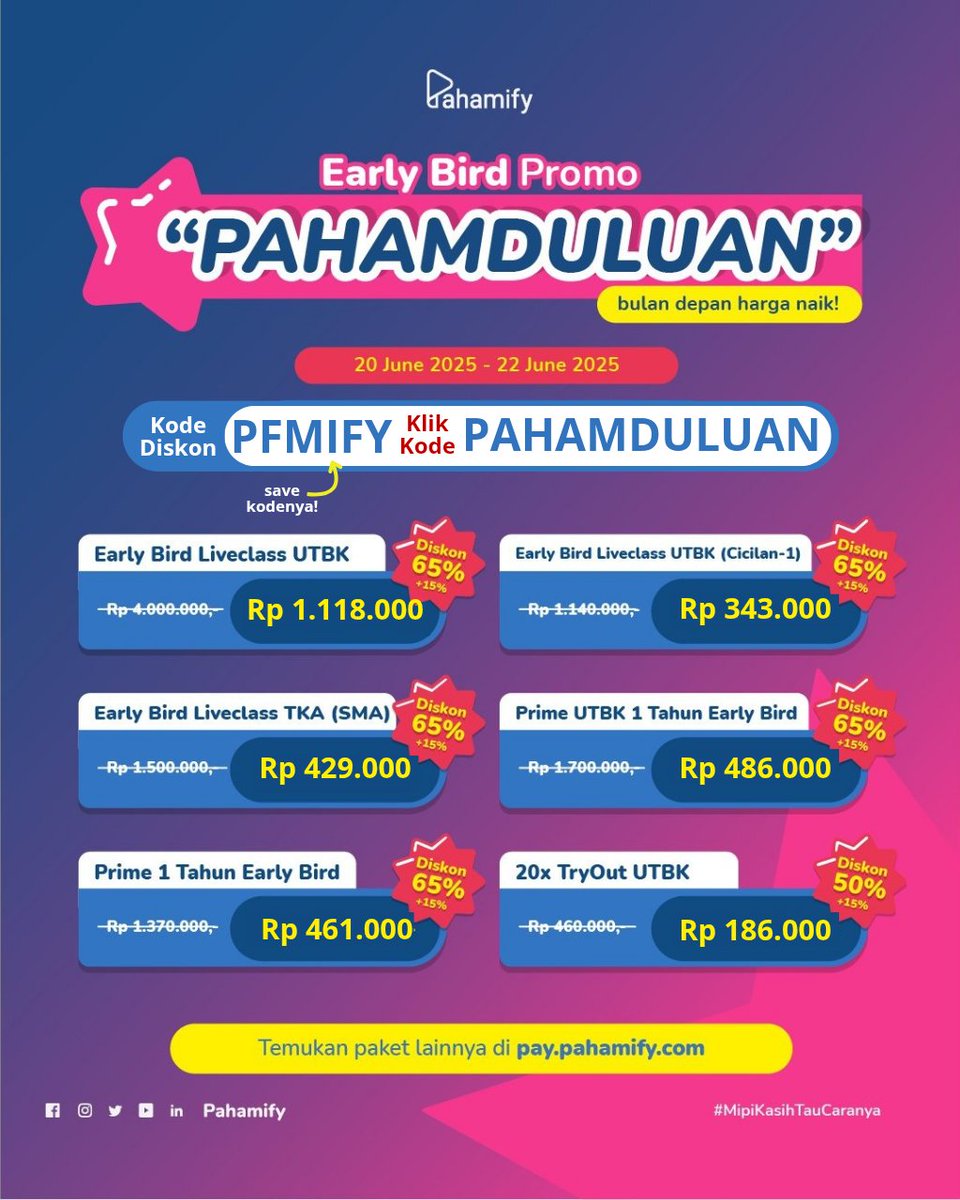 promomipy's tweet photo. 💥PROMO PAKET PAHAMIFY DIPERPANJANG!🤩💫

Beli di https://t.co/ddNK0hvV2n &amp; pilih paket belajar, masukkan kode PFMIFY + klik PAHAMDULUAN dan dapatkan diskon!  

✨️Save kode: PFMIFY🌻

t. mipy mipi mify bimbel online utbk snbt tryout studytwt referral to mandiri ujian um https://t.co/eB7ZRWA27N