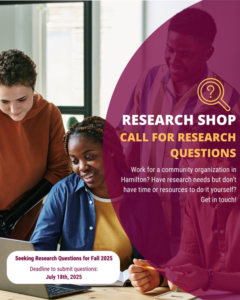 McMasterOCE's tweet image. 🙋Are you a #HamOnt community org needing research support for programs, advocacy, consultations, & more? The #ResearchShop can help!
🗓️Submit questions for Fall '25 by July 18
🔗Apply now: bit.ly/464V1qn
📧 Have questions? Email: rshop@mcmaster.ca