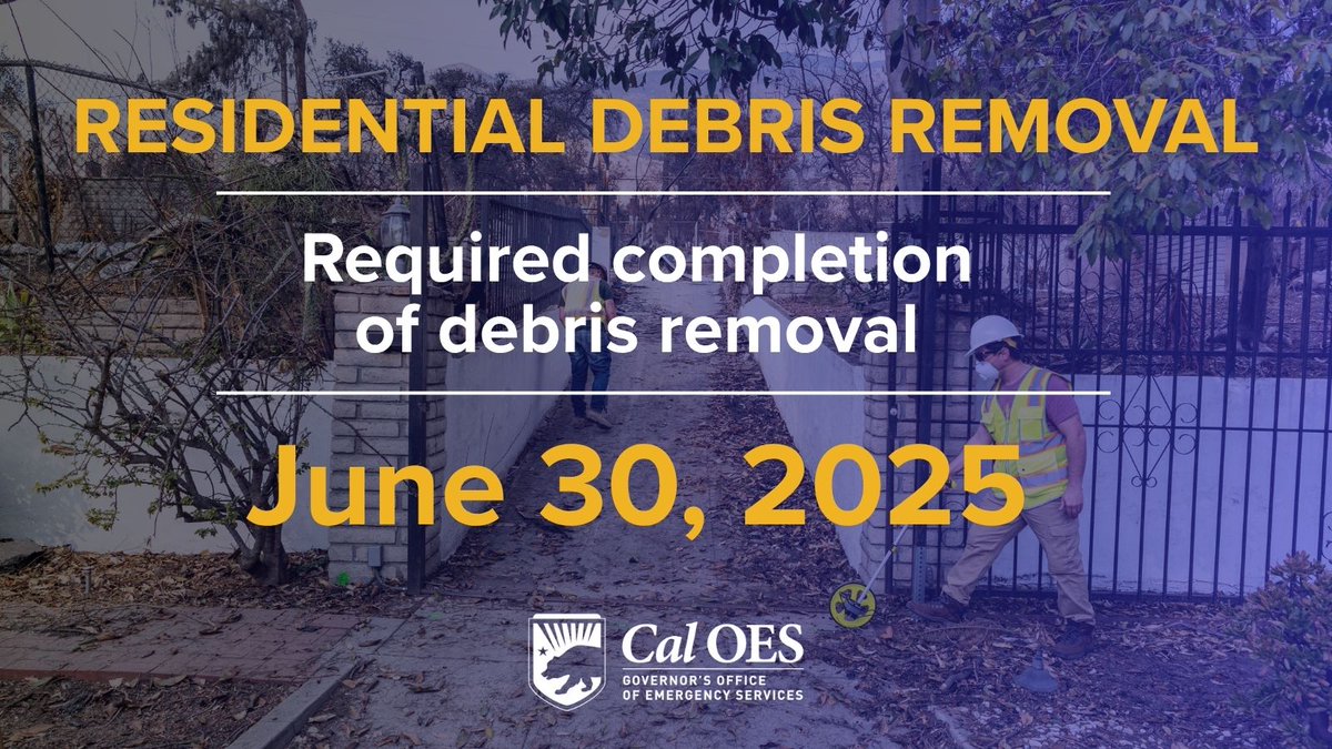 California Governor's Office of Emergency Services (@cal_oes) on Twitter photo ⏰DEADLINE: JUNE 30⏰ Private property owners who did not opt in to the <a href="/USACE/">Richard Kaye</a> debris removal program after the #Eaton & #Palisades fires must complete cleanup by June 30, 2025.
Details 👉 recovery.lacounty.gov | 📞 844-347-3332
#LAFiresRecovery ⏰DEADLINE: JUNE 30⏰ Private property owners who did not opt in to the <a href="/USACE/">Richard Kaye</a> debris removal program after the #Eaton & #Palisades fires must complete cleanup by June 30, 2025.
Details 👉 recovery.lacounty.gov | 📞 844-347-3332
#LAFiresRecovery