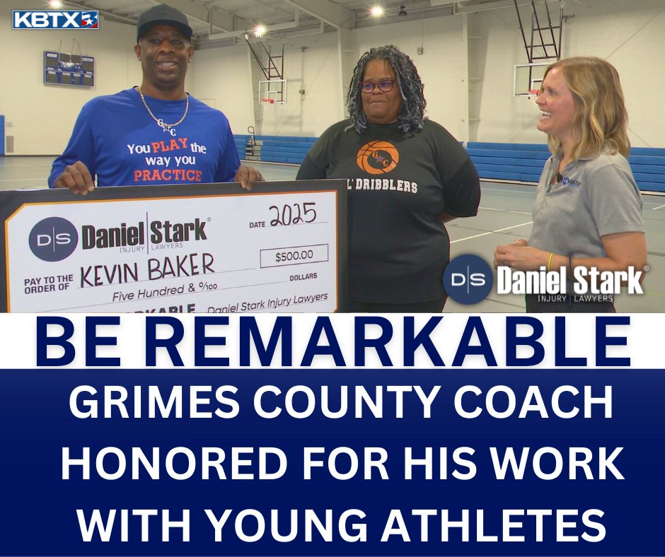 🏀Coach Kevin Baker is known to spend countless hours mentoring youth through sports in Grimes County.

⭐️The “Be Remarkable” award is a joint initiative between KBTX and Daniel Stark Law, LLP. 

🎥WATCH: tinyurl.com/czs6ave3