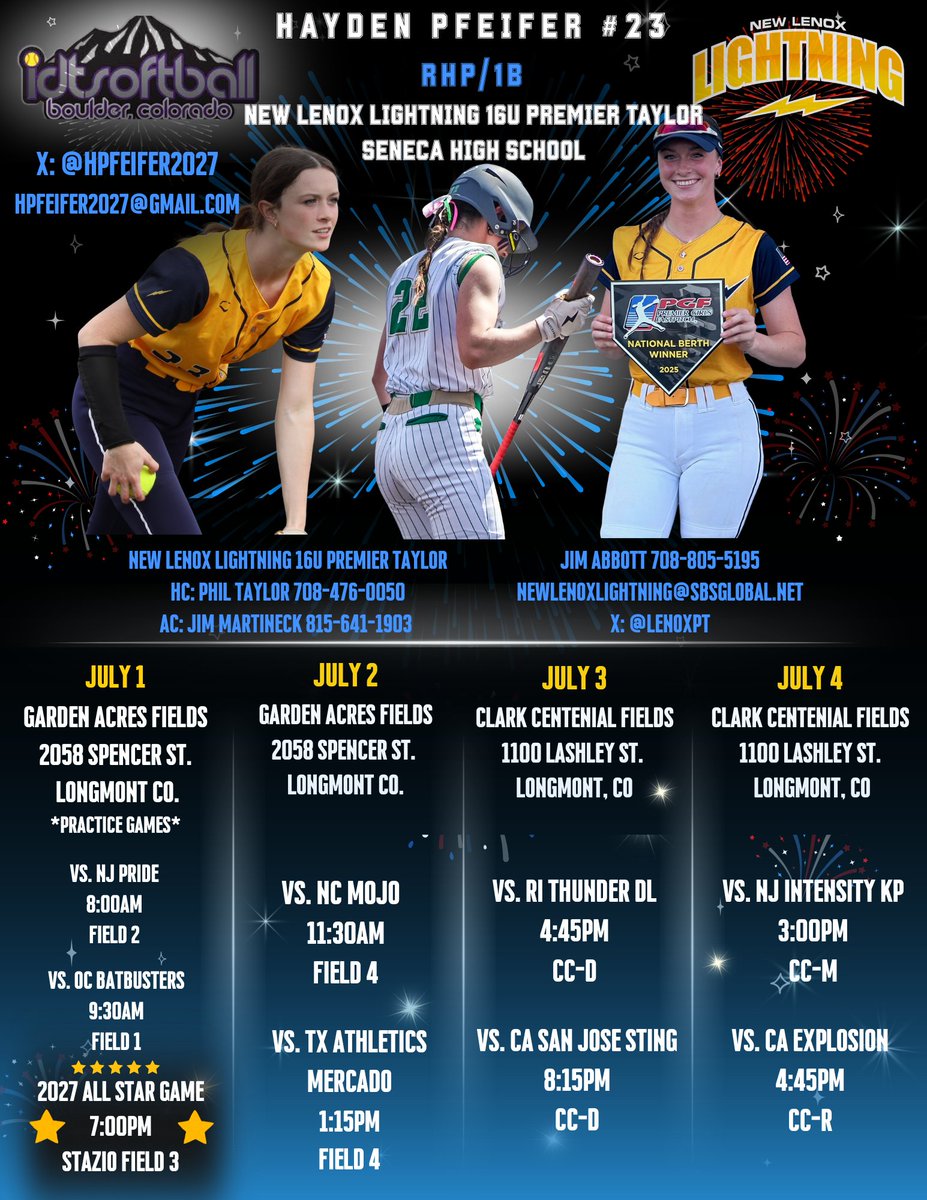 Hayden Pfeifer (@hpfeifer2027) on Twitter photo IDT Schedule is out. Can't wait to take the fields in Colorado with my girls! 🥎💪⚡️Come see us play!
<a href="/LenoxPt/">New Lenox Lightning 16U PT</a> <a href="/NLL18UGold/">New Lenox Lightning 18U Gold</a> <a href="/CoachBrundage/">Jennifer Brundage, OLY</a>
<a href="/CoachGill_MSU/">Ashley Gilland</a> <a href="/btholl/">Bonnie Tholl</a>
<a href="/katedrohan/">Kate Drohan</a> <a href="/CoachMWright3/">Monica Wright</a>
<a href="/CamdenDecker/">Camden Decker</a> <a href="/MorganNewport18/">Morgan Gerak</a>
<a href="/BUsoftballcoach/">Scott Hall</a> <a href="/CoachMalWinters/">Mallory Winters</a>
<a href="/mandygardner24/">Mandy Gardner-Colegate</a> IDT Schedule is out. Can't wait to take the fields in Colorado with my girls! 🥎💪⚡️Come see us play!
<a href="/LenoxPt/">New Lenox Lightning 16U PT</a> <a href="/NLL18UGold/">New Lenox Lightning 18U Gold</a> <a href="/CoachBrundage/">Jennifer Brundage, OLY</a>
<a href="/CoachGill_MSU/">Ashley Gilland</a> <a href="/btholl/">Bonnie Tholl</a>
<a href="/katedrohan/">Kate Drohan</a> <a href="/CoachMWright3/">Monica Wright</a>
<a href="/CamdenDecker/">Camden Decker</a> <a href="/MorganNewport18/">Morgan Gerak</a>
<a href="/BUsoftballcoach/">Scott Hall</a> <a href="/CoachMalWinters/">Mallory Winters</a>
<a href="/mandygardner24/">Mandy Gardner-Colegate</a>
