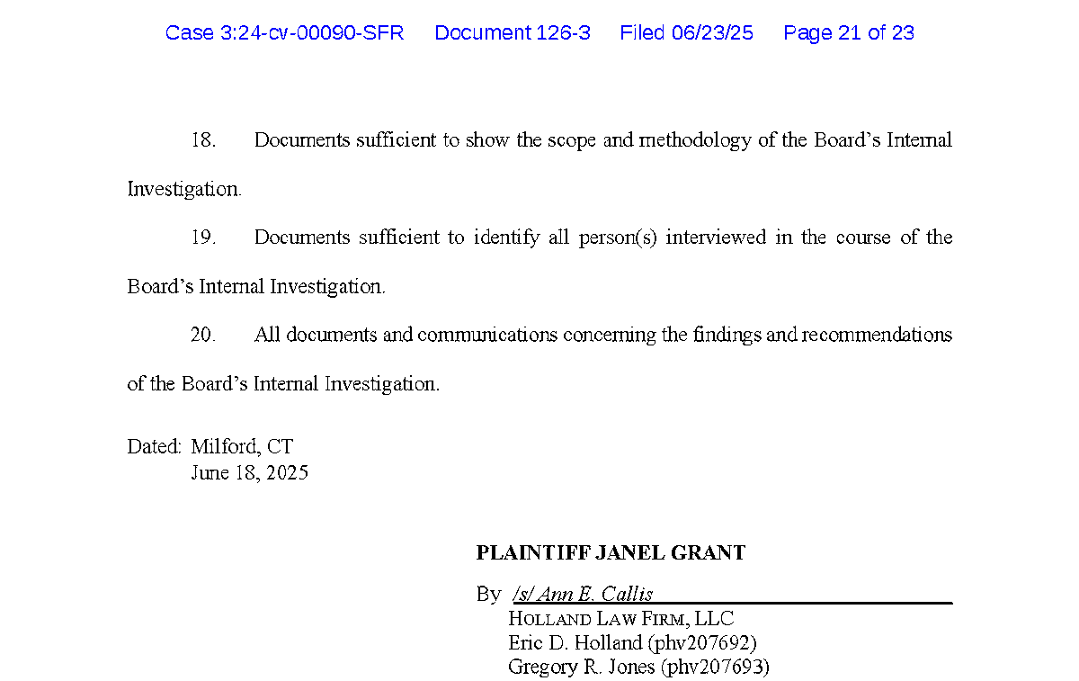 NEW: Former WWE employee Janel Grant has submitted requests asking the court to let her obtain records—including emails with Linda McMahon and Dr. Carlon Colker, and WWE board documents—to challenge whether her sex trafficking lawsuit must go to private arbitration.