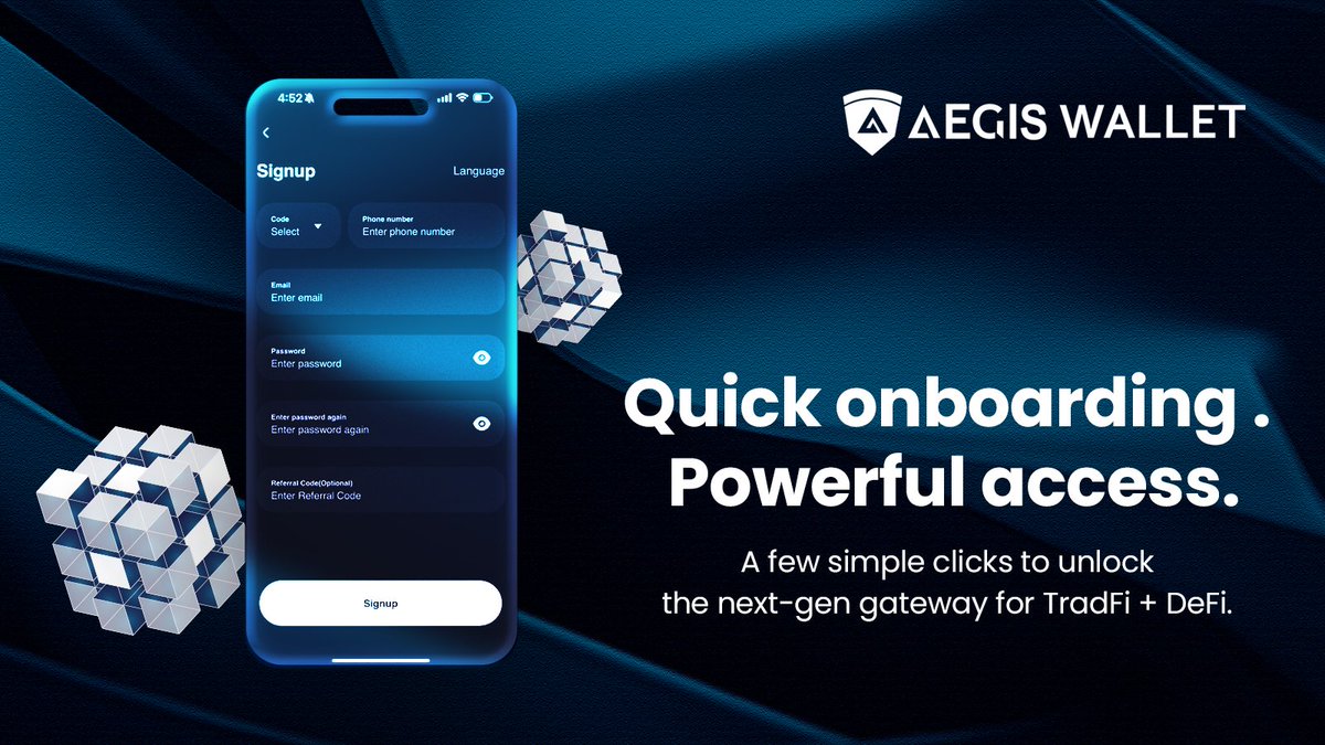 🚀 Quick onboarding. Powerful access.
#AEGISWALLET onboarding flow is crafted for speed, safety, and simplicity. Register via email or mobile. Verify. You’re ready! A few simple clicks to unlock the next-gen gateway for TradFi + DeFi.
#SmartFinance #TradFi #Defi