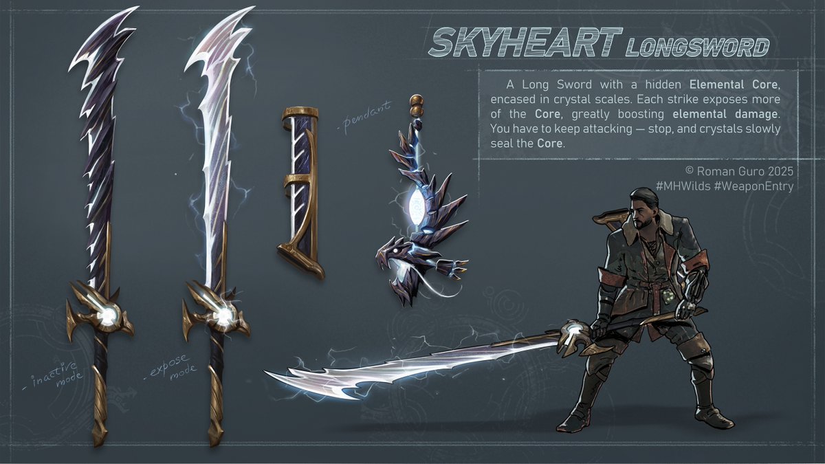Skyheart Longsword. A Long Sword with a hidden Elemental Core, encased in crystal scales. Each strike exposes more of the Core, greatly boosting elemental damage. You have to keep attacking — stop, and crystals slowly seal the Core. #MHWilds #WeaponEntry