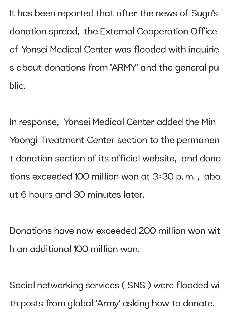 Severance Hospital announced that as of 9 am today (the 24th), donations from the general public to the Min Yoongi Treatment Center had surpassed 200 million won.

It has been reported that after the news of Suga's donation spread, the External Cooperation Office of Yonsei