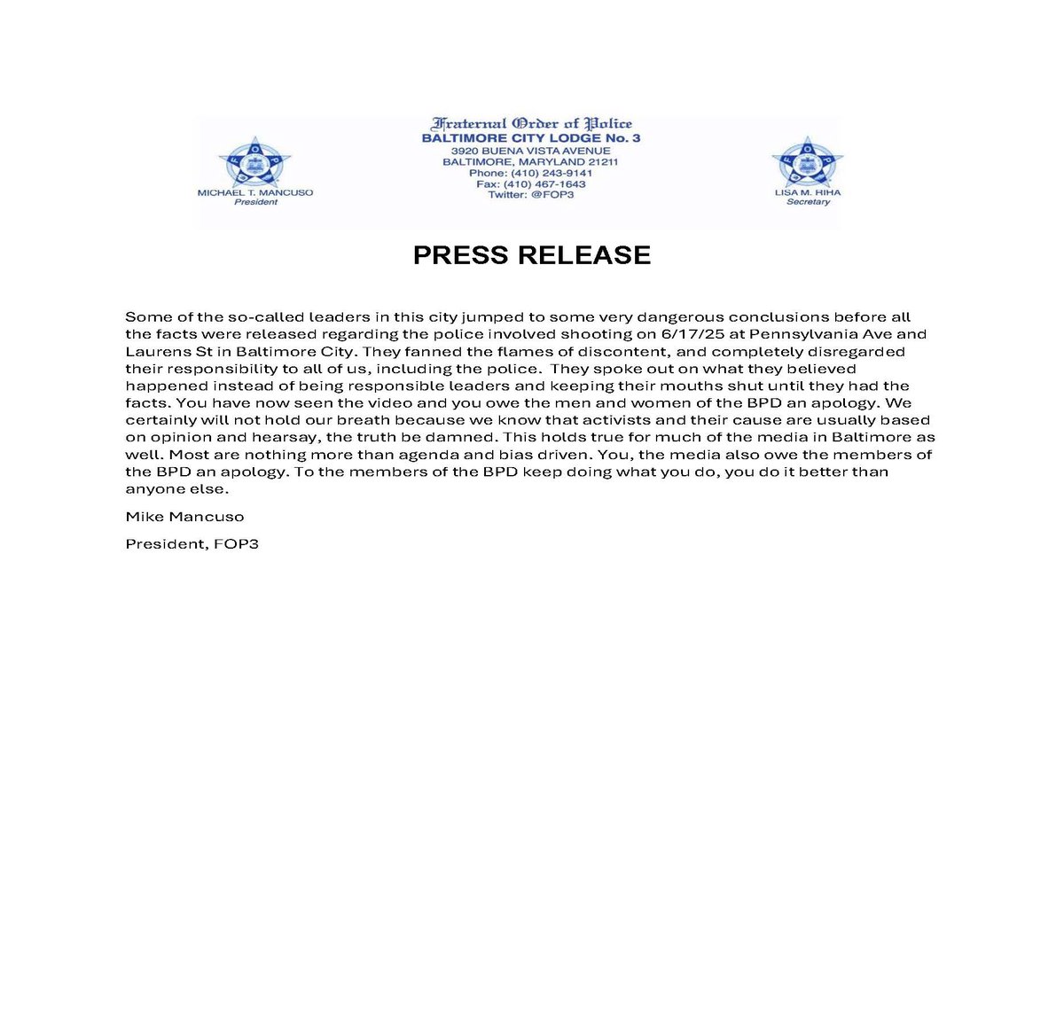 Baltimore City FOP (@fop3) on Twitter photo Please see the below statement from President Mancuso
<a href="/BaltimoreMayor/">Baltimore Mayor</a> <a href="/baltimoresun/">The Baltimore Sun</a> <a href="/wbaltv11/">WBAL-TV 11 Baltimore</a> <a href="/FOXBaltimore/">FOX Baltimore</a> <a href="/GLFOP/">National Fraternal Order of Police (FOP)</a> Please see the below statement from President Mancuso
<a href="/BaltimoreMayor/">Baltimore Mayor</a> <a href="/baltimoresun/">The Baltimore Sun</a> <a href="/wbaltv11/">WBAL-TV 11 Baltimore</a> <a href="/FOXBaltimore/">FOX Baltimore</a> <a href="/GLFOP/">National Fraternal Order of Police (FOP)</a>