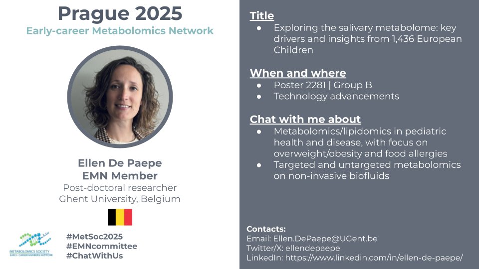 EMN Metabolomics Society (@emn_metsoc) on Twitter photo Another busy day @ #Metabolomics2025
🎙️ First up: 4 EMN members are presenting – come say hi + Czech out their exciting research:
•<a href="/Radenkovic_S/">Sylvia Radenkovic</a> – Oral presentation (Session 4, Congress Hall - 11:45am)
•<a href="/AmbrinBabu/">Ambrin</a> – p.2120
•@Brealikeacheese – p.2203
•<a href="/ellendepaepe/">EllenDePaepe</a> – p.2281 Another busy day @ #Metabolomics2025
🎙️ First up: 4 EMN members are presenting – come say hi + Czech out their exciting research:
•<a href="/Radenkovic_S/">Sylvia Radenkovic</a> – Oral presentation (Session 4, Congress Hall - 11:45am)
•<a href="/AmbrinBabu/">Ambrin</a> – p.2120
•@Brealikeacheese – p.2203
•<a href="/ellendepaepe/">EllenDePaepe</a> – p.2281