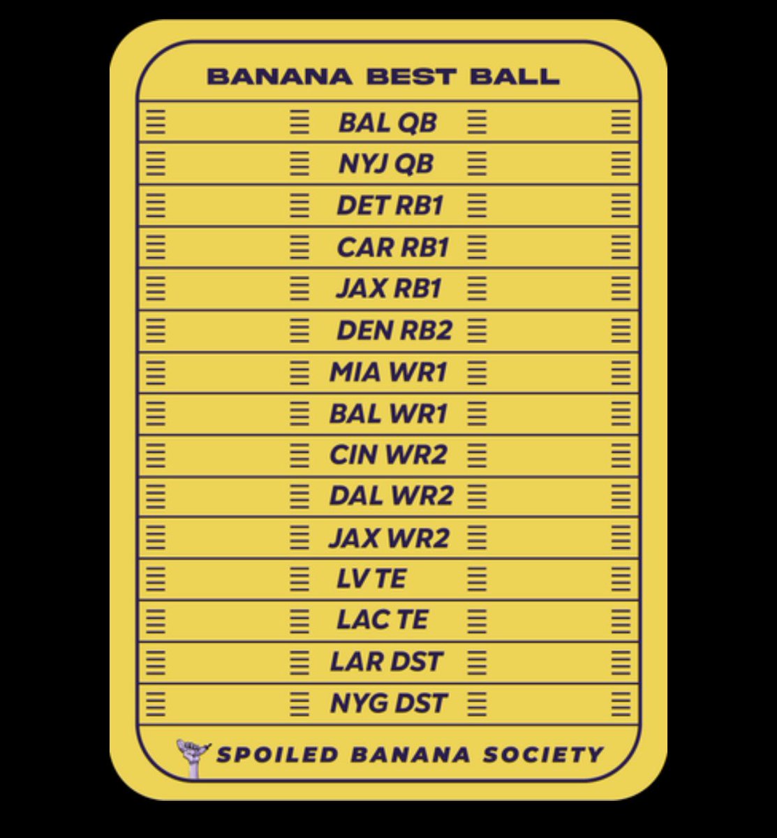 First <a href="/SBSFantasy/">Spoiled Banana Society 🏈🍌</a> draft in the books! Probably not the sharpest draft, but a fun one regardless 🤘
