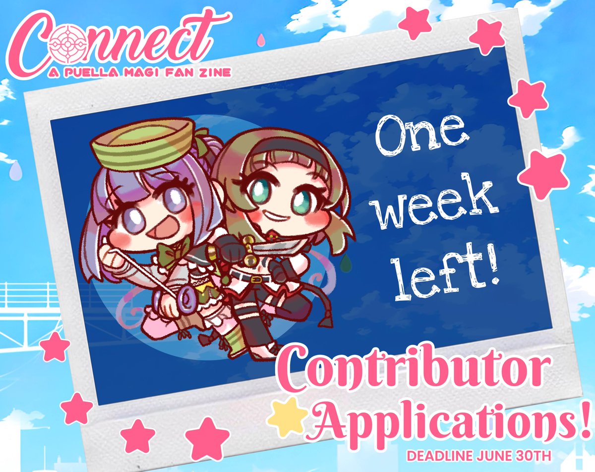 ☁︎ CONTRIBUTOR APPLICATIONS REMINDER ☁︎  

Contributor applications for Connect will close in a week, on June 30th! If you are interested, please apply using the link!

Link: forms.gle/s1TBM1ofHJRsfL…

#MadokaMagica #madoka_exedra #マギレコ #まどドラ生放送 #魔法少女まどかマギカ