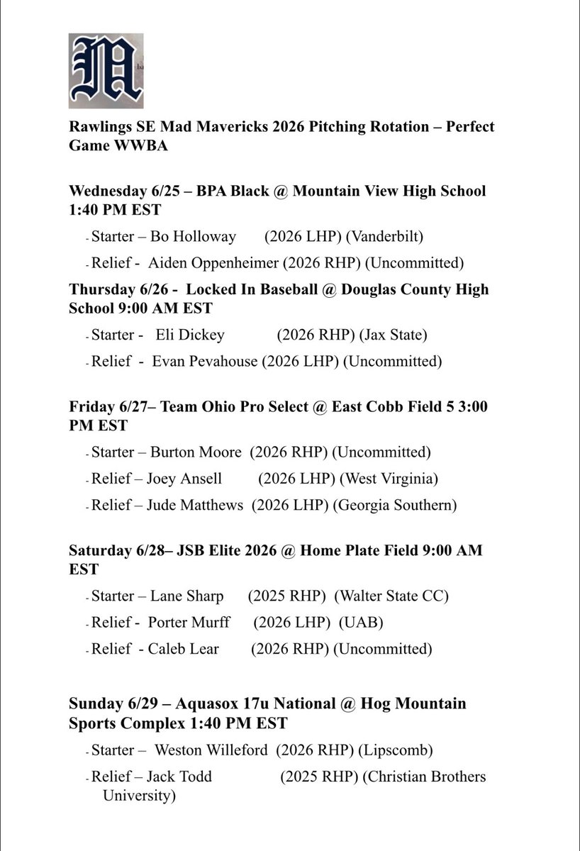 HomeOfSoutheastMADMavs (@semadmavshome) on Twitter photo 17U <a href="/PerfectGameUSA/">Perfect Game USA</a> WWBA will get underway on Wednesday at East Cobb and surrounding fields. <a href="/VandyBoys/">Vanderbilt Baseball</a> commit <a href="/bo_holloway22/">Bo Holloway</a> will get the ball in game one against BPA Black! Below is a look at how weโll throw it the rest of the week. #rawlingsboys 17U <a href="/PerfectGameUSA/">Perfect Game USA</a> WWBA will get underway on Wednesday at East Cobb and surrounding fields. <a href="/VandyBoys/">Vanderbilt Baseball</a> commit <a href="/bo_holloway22/">Bo Holloway</a> will get the ball in game one against BPA Black! Below is a look at how weโll throw it the rest of the week. #rawlingsboys